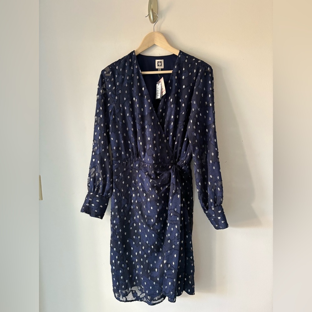 Anne Klein Navy Metallic Long Sleeve Dress with Silver Dot Accents